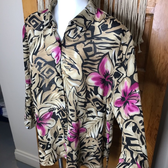 Vintage 90s Hibiscus Flower Loose Button Down - Picture 10 of 11